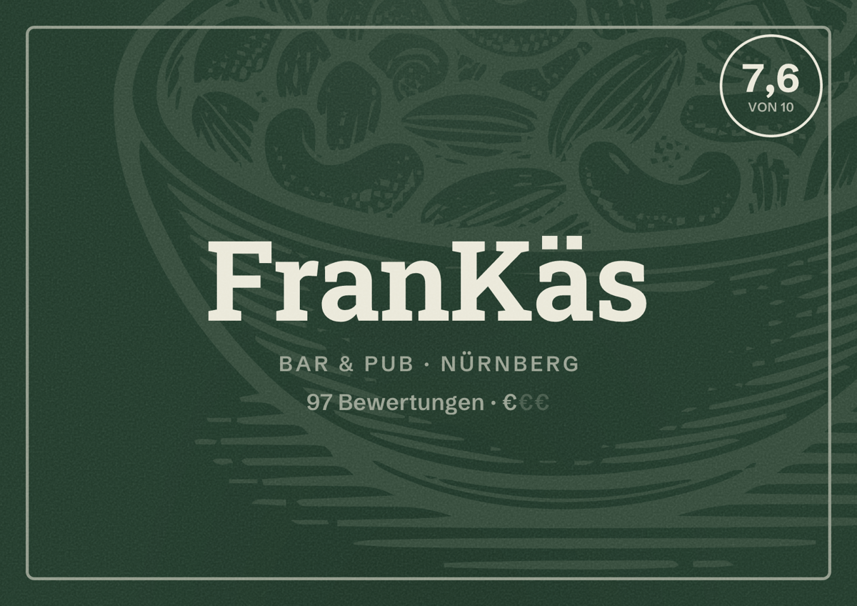 Illustriertes Poster von FranKäs, Bar & Pub in Nürnberg: Bewertung 7,6 von 10 aus 97 Bewertungen, Preisniveau €
