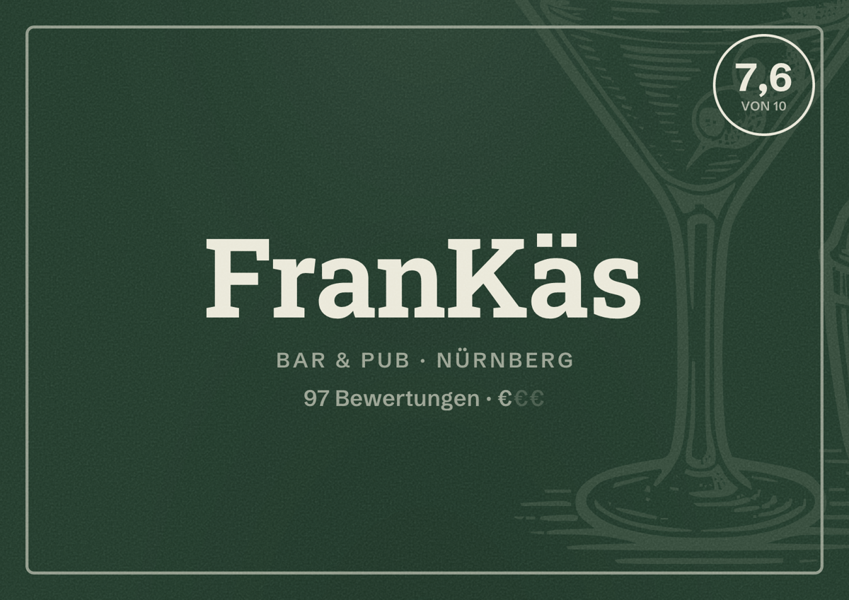 Illustriertes Poster von FranKäs, Bar & Pub in Nürnberg: Bewertung 7,6 von 10 aus 97 Bewertungen, Preisniveau €