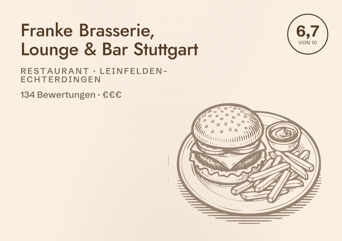 Illustriertes Poster von Franke Brasserie, Lounge & Bar Stuttgart, Restaurant in Leinfelden-Echterdingen: Bewertung 6,7 von 10 aus 134 Bewertungen, Preisniveau €€€