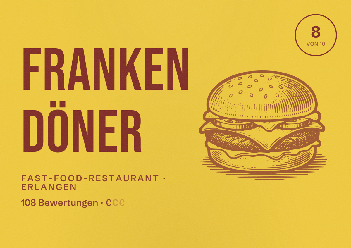 Illustriertes Poster von Franken Döner, Fast-Food-Restaurant in Erlangen: Bewertung 8 von 10 aus 108 Bewertungen, Preisniveau €
