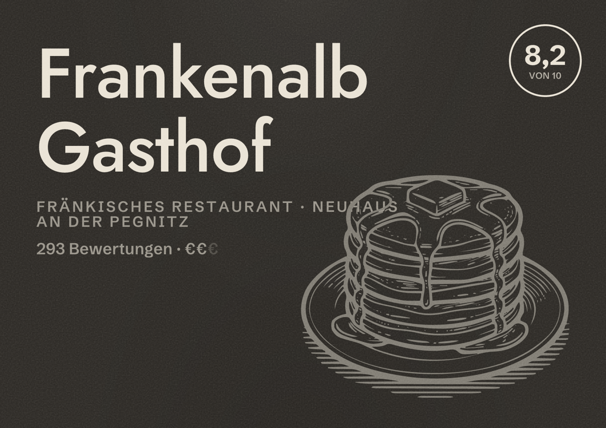 Illustriertes Poster von Frankenalb Gasthof, Fränkisches Restaurant in Neuhaus an der Pegnitz: Bewertung 8,2 von 10 aus 293 Bewertungen, Preisniveau €€