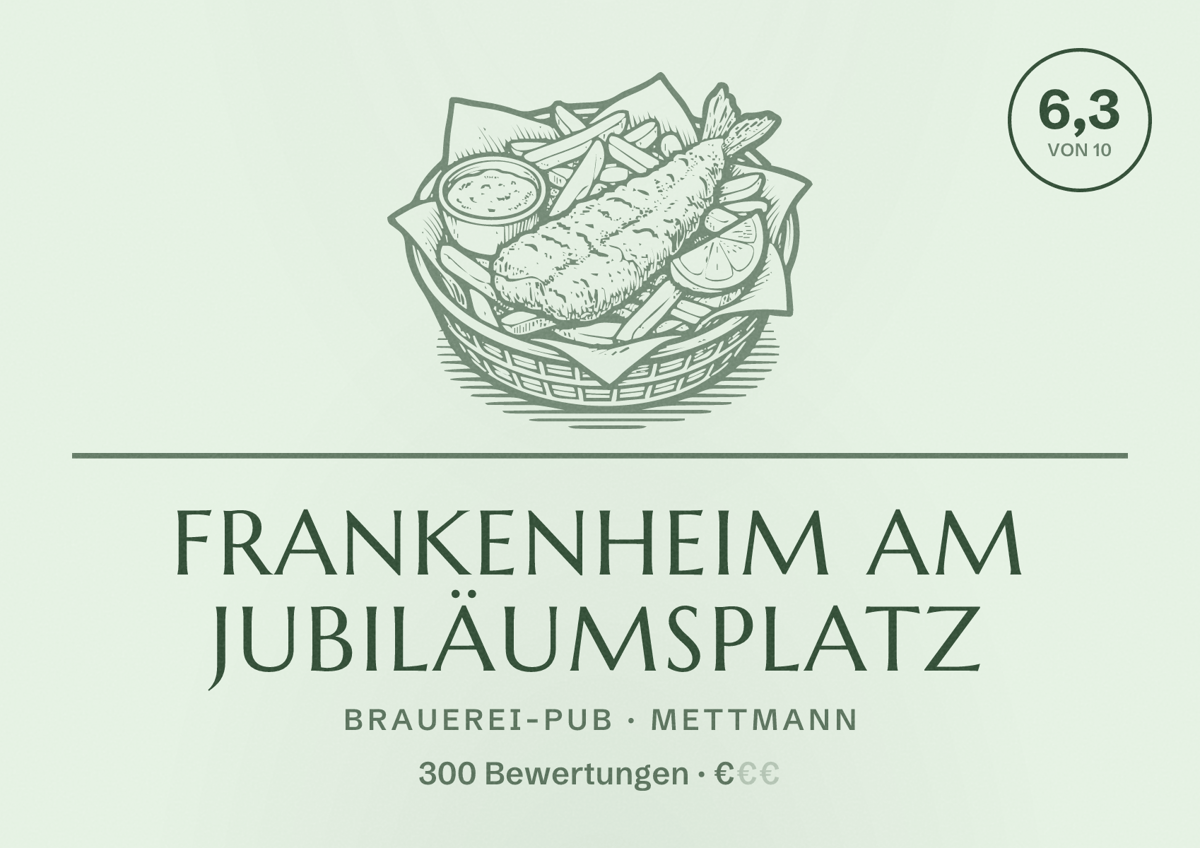 Illustriertes Poster von Frankenheim am Jubiläumsplatz, Brauerei-Pub in Mettmann: Bewertung 6,3 von 10 aus 300 Bewertungen, Preisniveau €