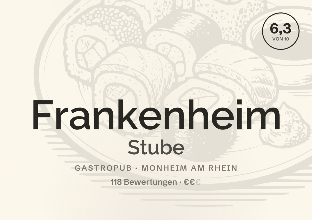 Illustriertes Poster von Frankenheim Stube, Gastropub in Monheim am Rhein: Bewertung 6,3 von 10 aus 118 Bewertungen, Preisniveau €€