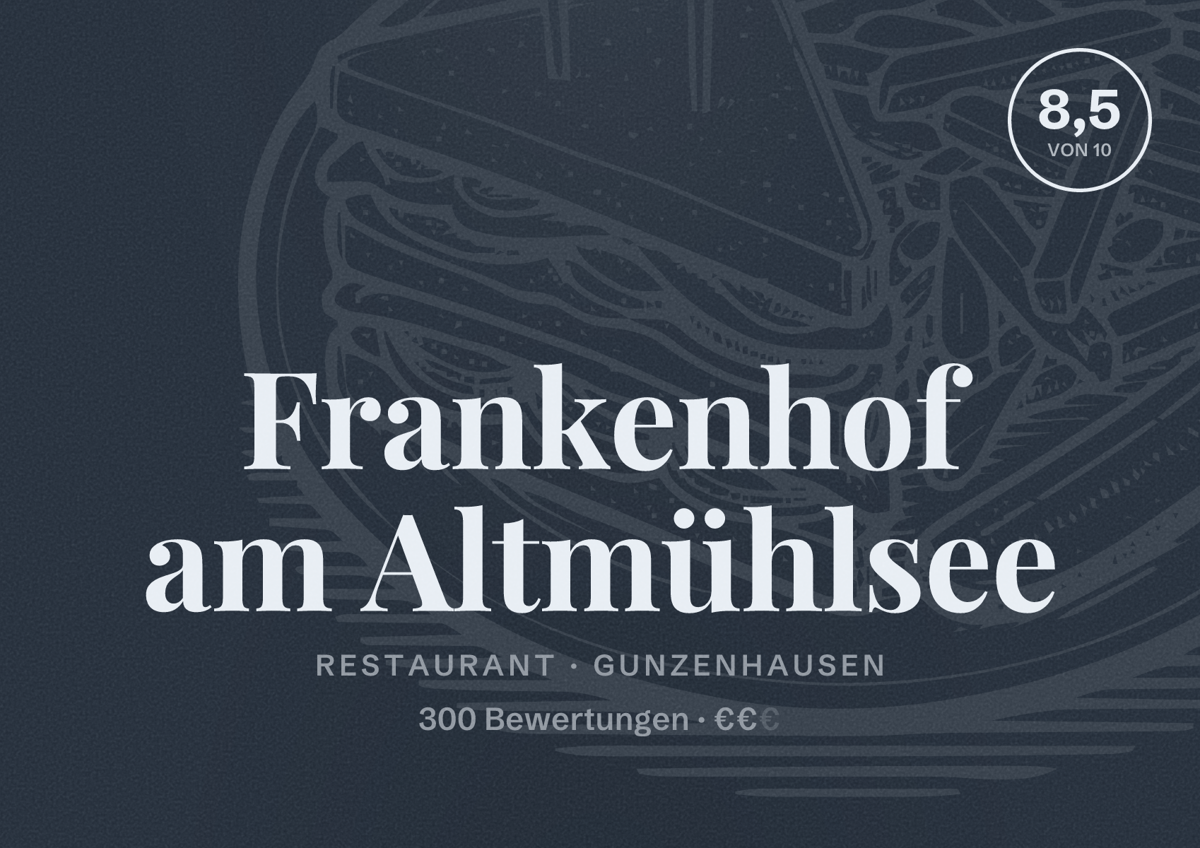 Illustriertes Poster von Frankenhof am Altmühlsee, Restaurant in Gunzenhausen: Bewertung 8,5 von 10 aus 300 Bewertungen, Preisniveau €€