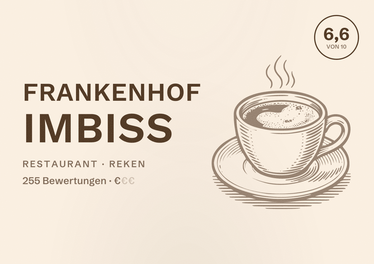 Illustriertes Poster von Frankenhof Imbiss, Restaurant in Reken: Bewertung 6,6 von 10 aus 255 Bewertungen, Preisniveau €
