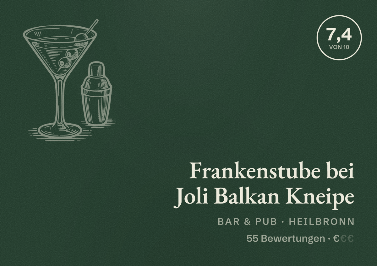 Illustriertes Poster von Frankenstube bei Joli Balkan Kneipe, Bar & Pub in Heilbronn: Bewertung 7,4 von 10 aus 55 Bewertungen, Preisniveau €