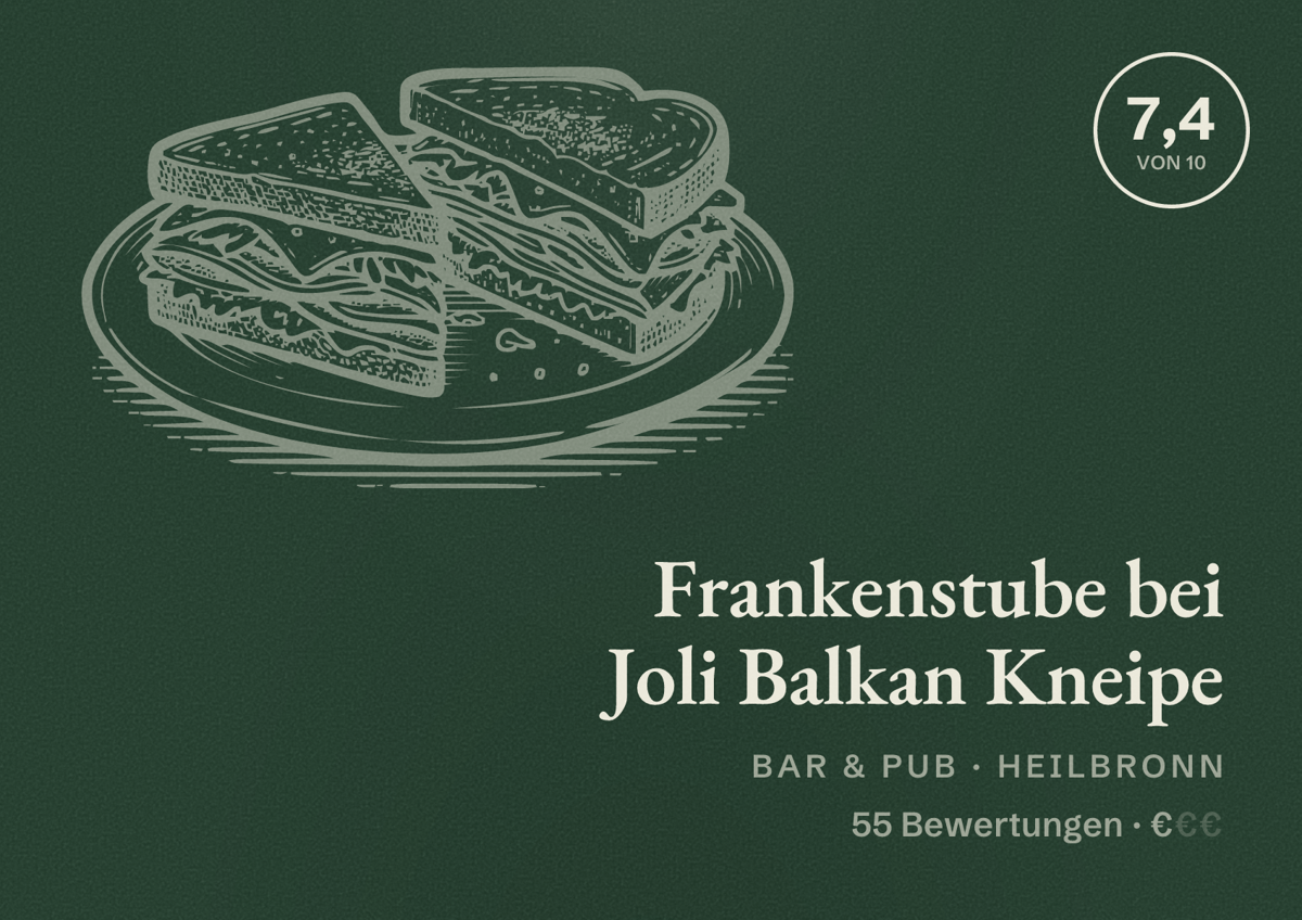 Illustriertes Poster von Frankenstube bei Joli Balkan Kneipe, Bar & Pub in Heilbronn: Bewertung 7,4 von 10 aus 55 Bewertungen, Preisniveau €