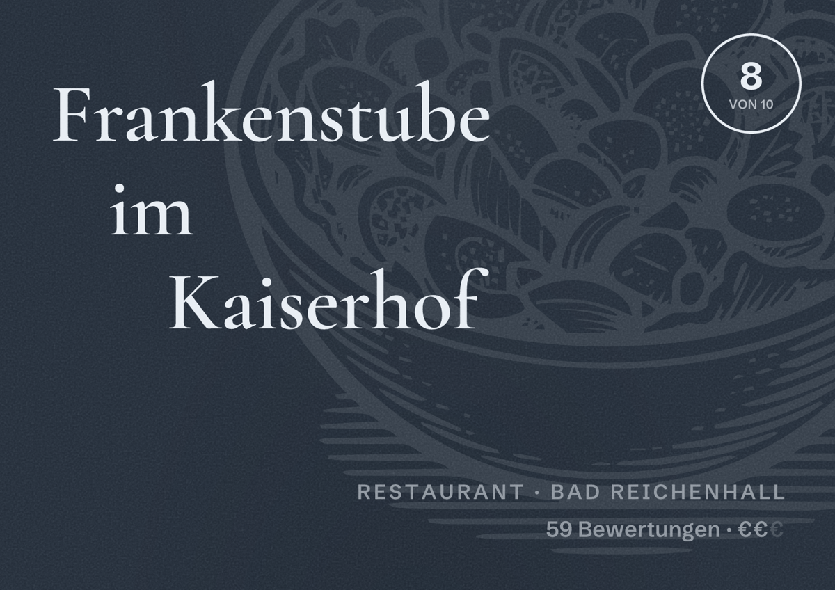 Illustriertes Poster von Frankenstube im Kaiserhof, Restaurant in Bad Reichenhall: Bewertung 8 von 10 aus 59 Bewertungen, Preisniveau €€