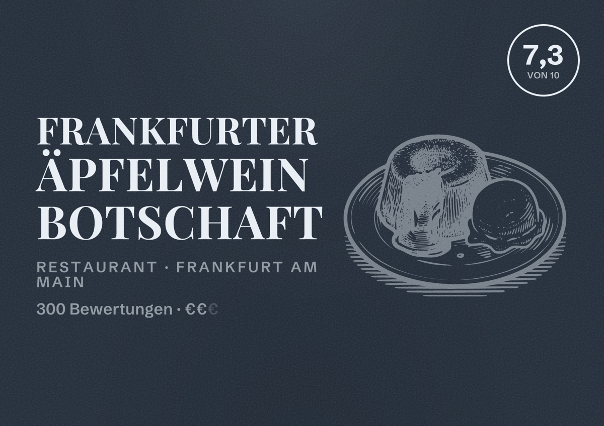 Illustriertes Poster von Frankfurter Äpfelwein Botschaft, Restaurant in Frankfurt am Main: Bewertung 7,3 von 10 aus 300 Bewertungen, Preisniveau €€