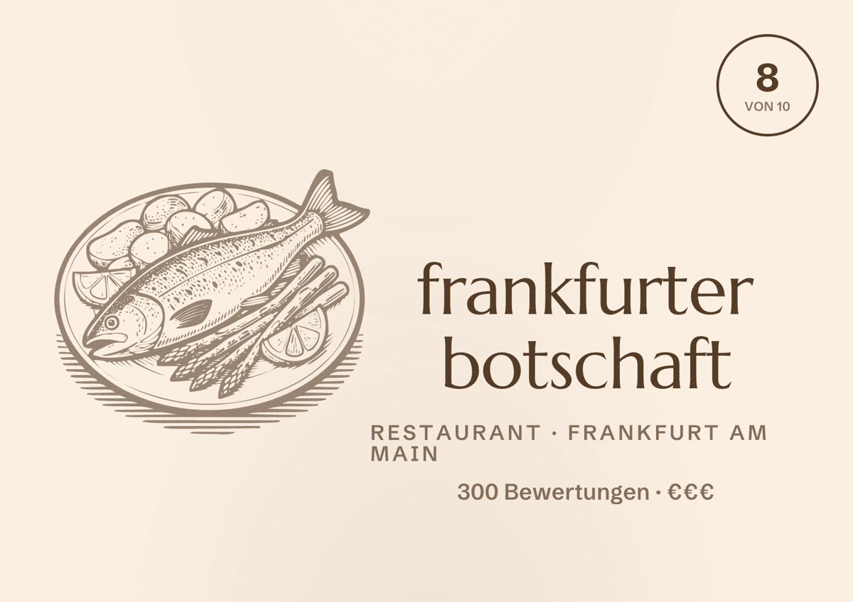 Illustriertes Poster von frankfurter botschaft, Restaurant in Frankfurt am Main: Bewertung 8,0 von 10 aus 300 Bewertungen, Preisniveau €€€