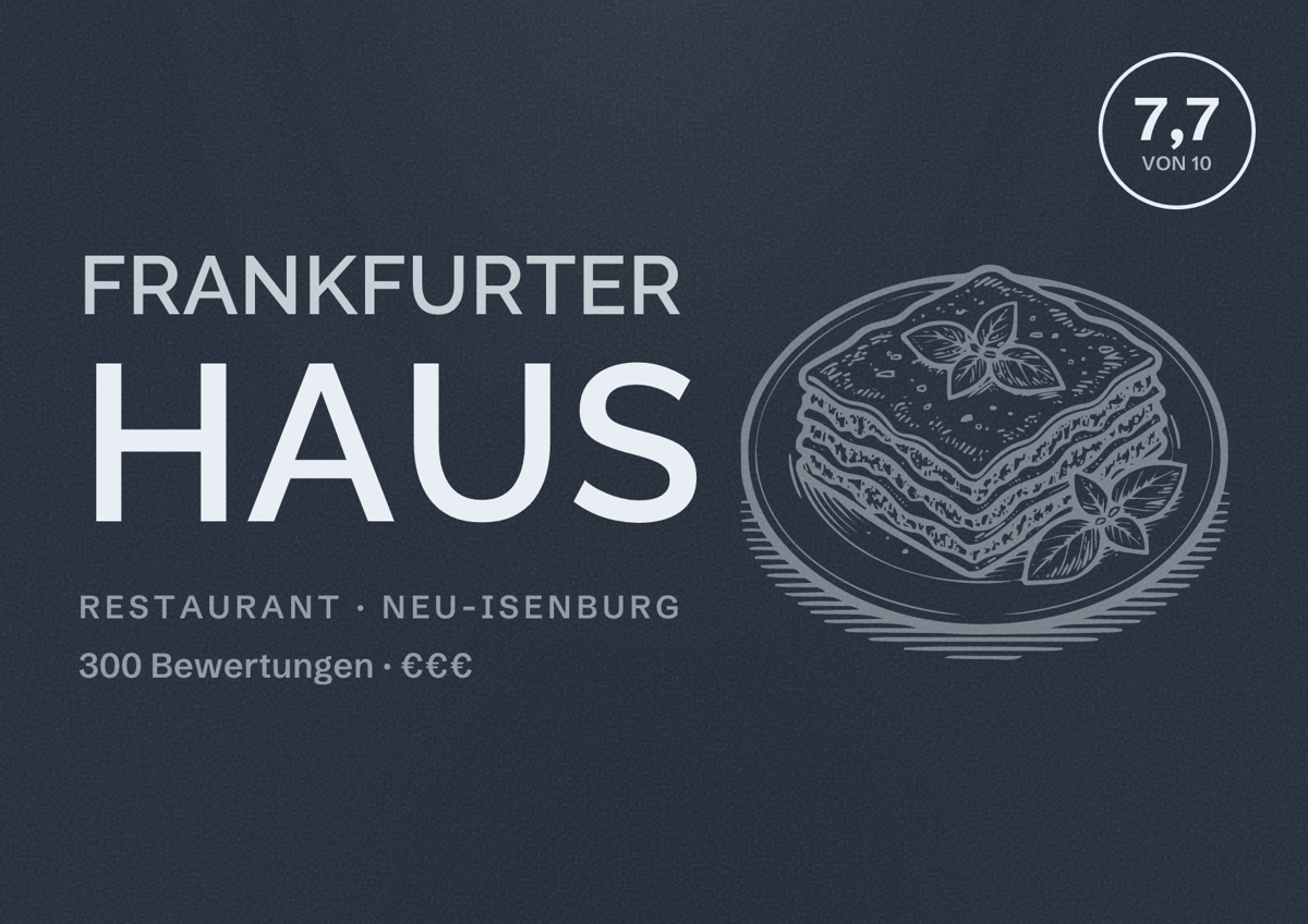 Illustriertes Poster von Frankfurter Haus, Restaurant in Neu-Isenburg: Bewertung 7,7 von 10 aus 300 Bewertungen, Preisniveau €€€