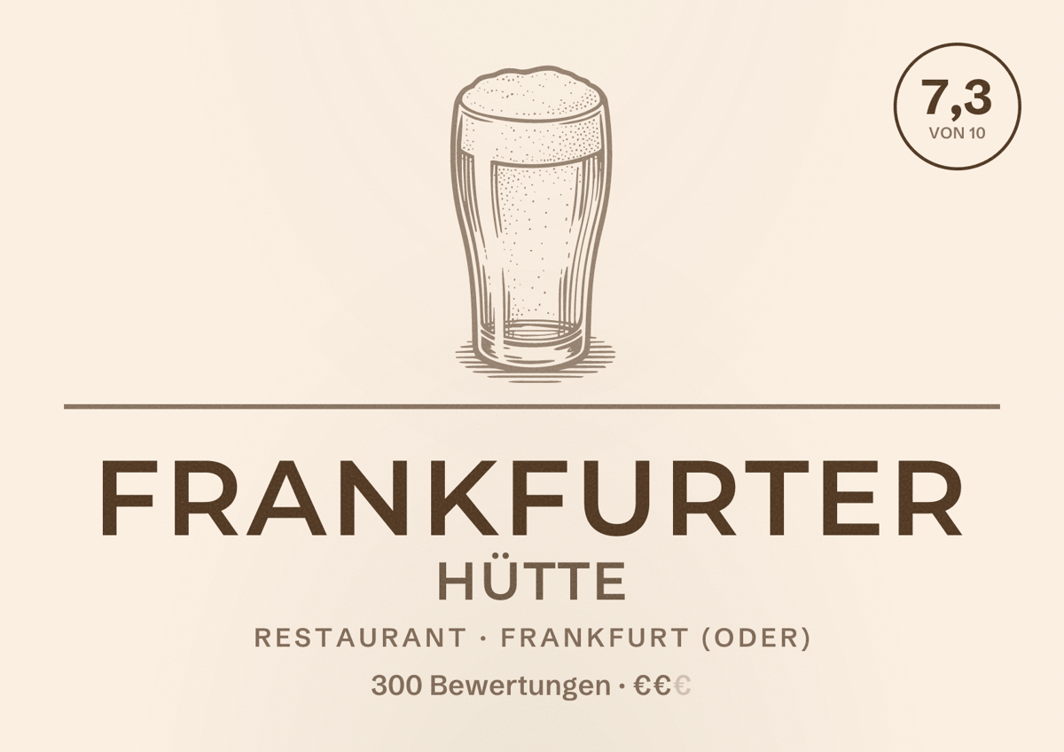 Illustriertes Poster von Frankfurter Hütte, Restaurant in Frankfurt (Oder): Bewertung 7,3 von 10 aus 300 Bewertungen, Preisniveau €€
