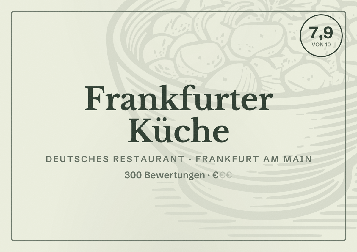 Illustriertes Poster von Frankfurter Küche, Deutsches Restaurant in Frankfurt am Main: Bewertung 7,9 von 10 aus 300 Bewertungen, Preisniveau €
