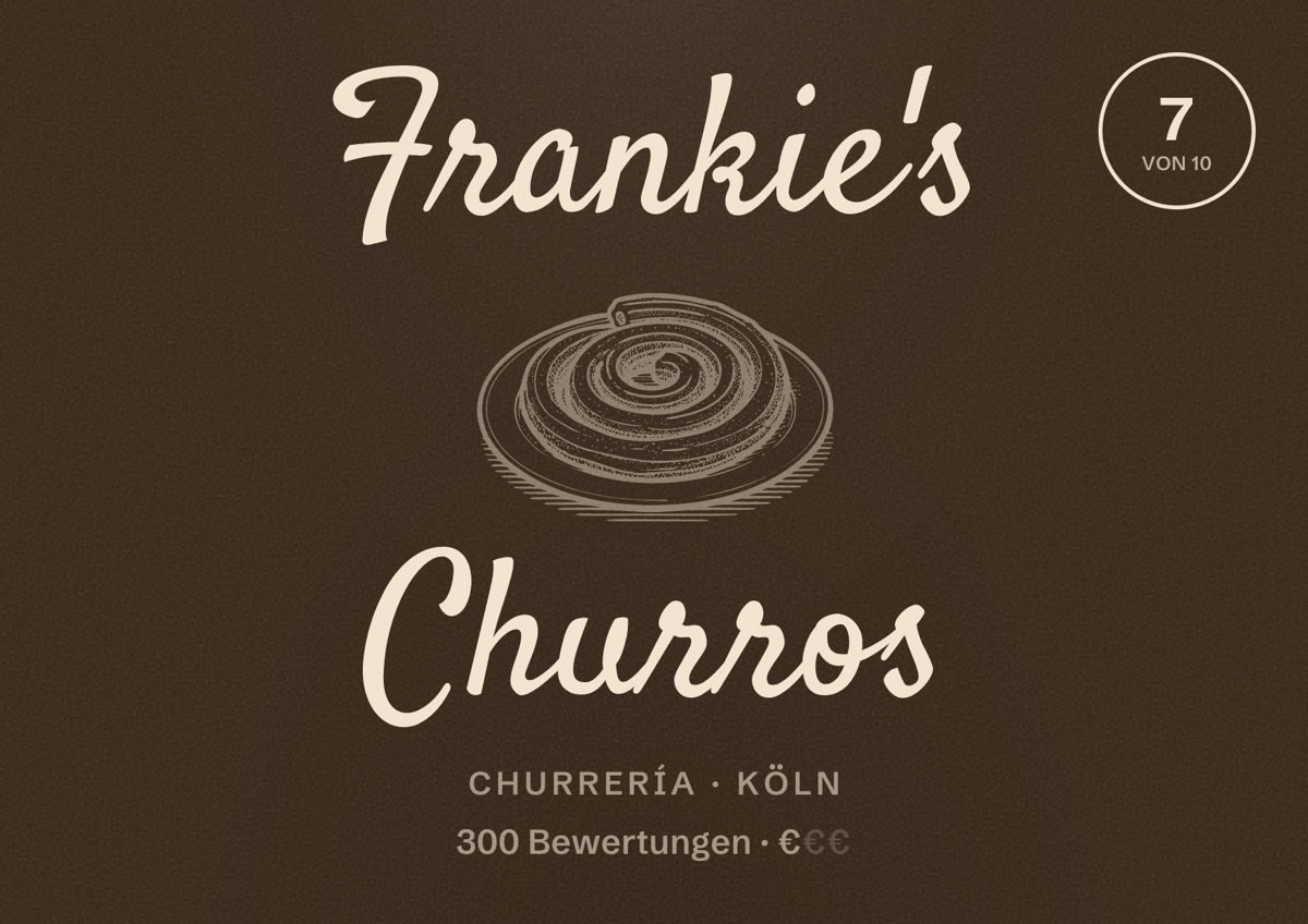 Illustriertes Poster von Frankie's Churros, Churrería in Köln: Bewertung 7,0 von 10 aus 300 Bewertungen, Preisniveau €