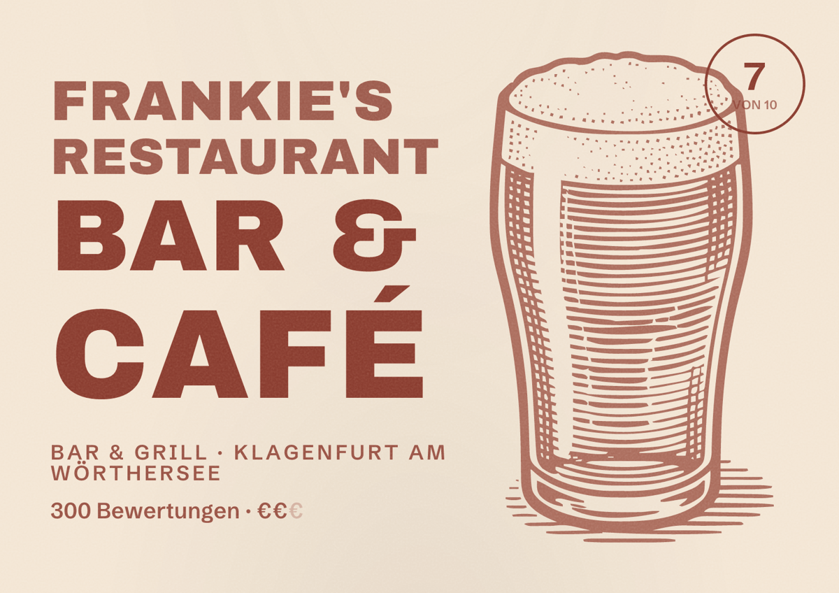 Illustriertes Poster von Frankie's Restaurant Bar & Café, Bar & Grill in Klagenfurt am Wörthersee: Bewertung 7 von 10 aus 300 Bewertungen, Preisniveau €€