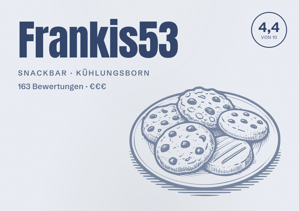 Illustriertes Poster von Frankis53, Snackbar in Kühlungsborn: Bewertung 4,4 von 10 aus 163 Bewertungen, Preisniveau €€€