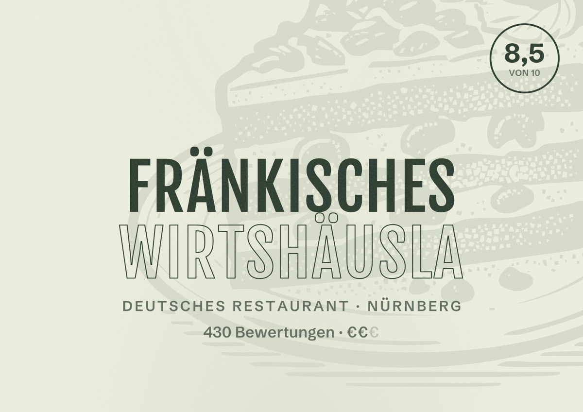 Illustriertes Poster von Fränkisches Wirtshäusla, Deutsches Restaurant in Nürnberg: Bewertung 8,5 von 10 aus 430 Bewertungen, Preisniveau €€