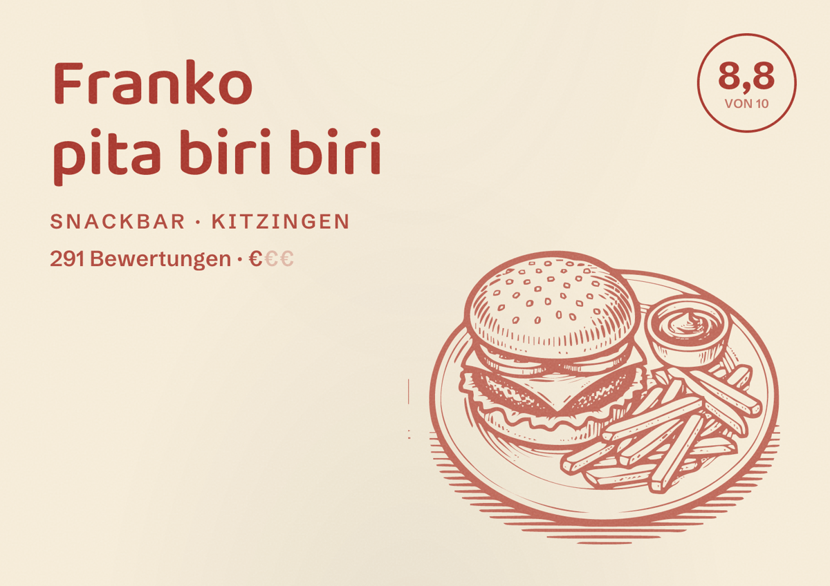 Illustriertes Poster von Franko pita biri biri, Snackbar in Kitzingen: Bewertung 8,8 von 10 aus 291 Bewertungen, Preisniveau €