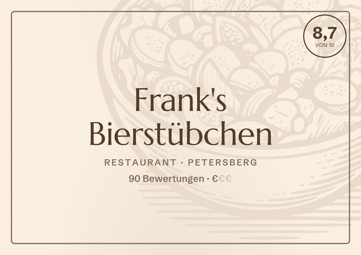 Illustriertes Poster von Frank's Bierstübchen, Restaurant in Petersberg: Bewertung 8,7 von 10 aus 90 Bewertungen, Preisniveau €