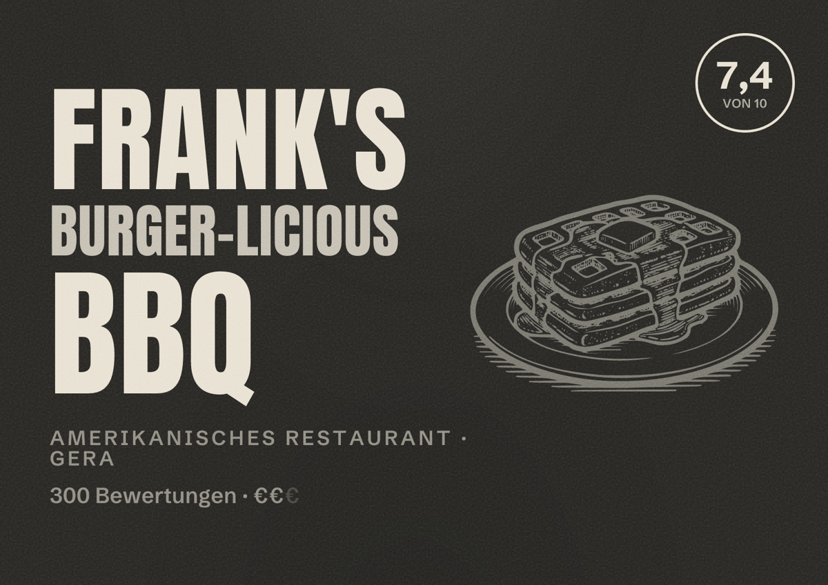 Illustriertes Poster von Frank's Burger-Licious BBQ, Amerikanisches Restaurant in Gera: Bewertung 7,4 von 10 aus 300 Bewertungen, Preisniveau €€
