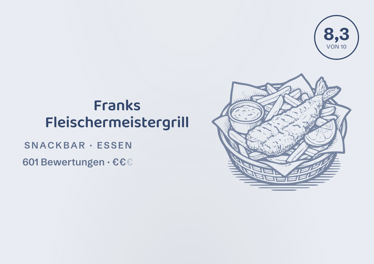 Illustriertes Poster von Franks Fleischermeistergrill, Snackbar in Essen: Bewertung 8,3 von 10 aus 601 Bewertungen, Preisniveau €€