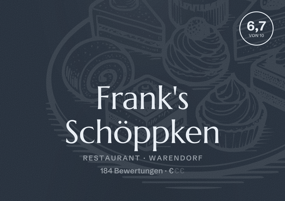 Illustriertes Poster von Frank's Schöppken, Restaurant in Warendorf: Bewertung 6,7 von 10 aus 184 Bewertungen, Preisniveau €