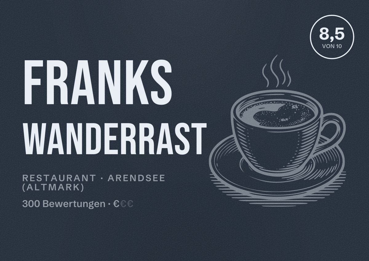 Illustriertes Poster von Franks Wanderrast, Restaurant in Arendsee (Altmark): Bewertung 8,5 von 10 aus 300 Bewertungen, Preisniveau €