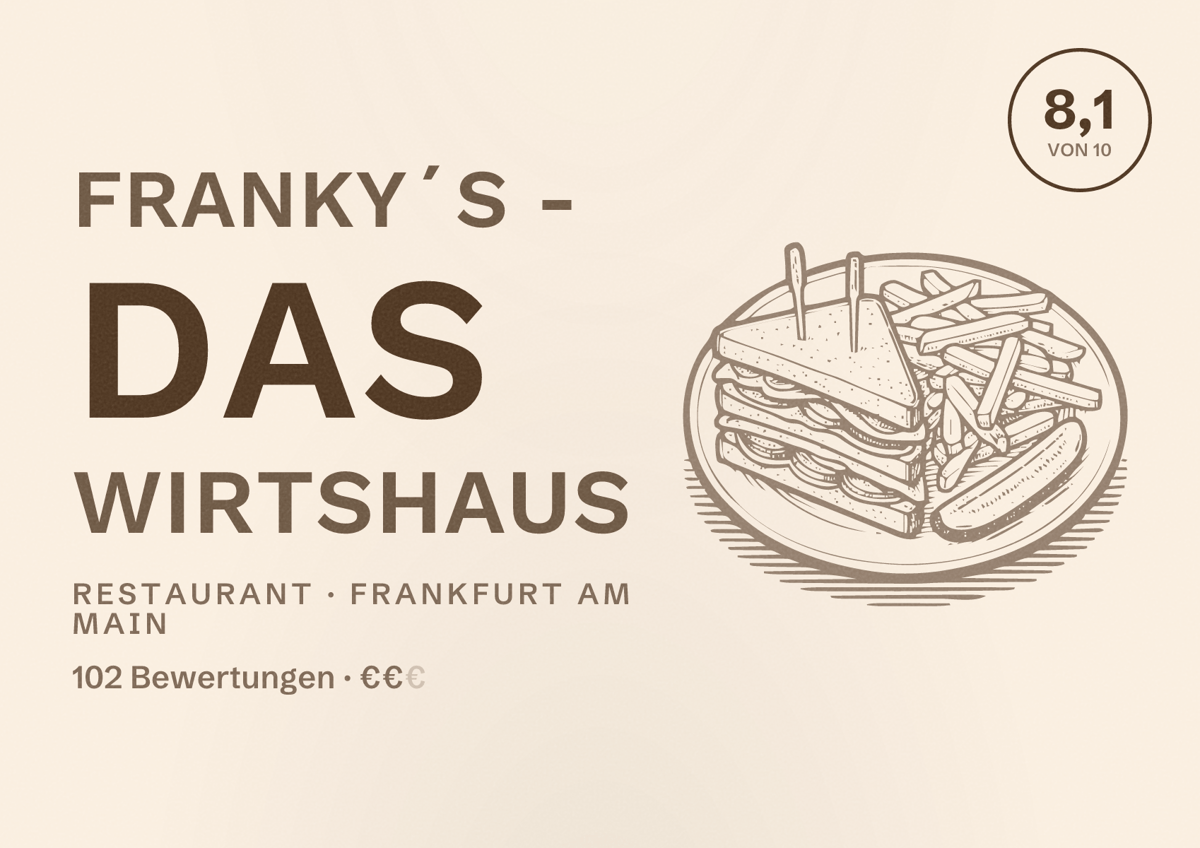 Illustriertes Poster von Franky´s - Das Wirtshaus, Restaurant in Frankfurt am Main: Bewertung 8,1 von 10 aus 102 Bewertungen, Preisniveau €€