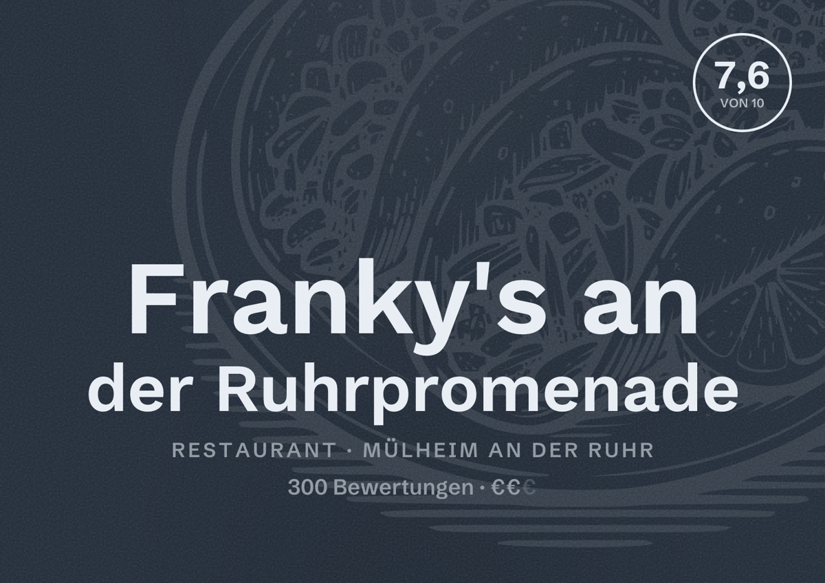 Illustriertes Poster von Franky's an der Ruhrpromenade, Restaurant in Mülheim an der Ruhr: Bewertung 7,6 von 10 aus 300 Bewertungen, Preisniveau €€
