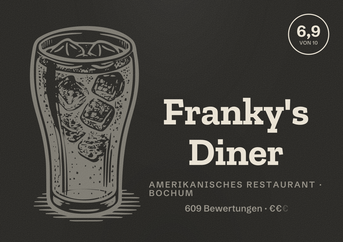 Illustriertes Poster von Franky's Diner, Amerikanisches Restaurant in Bochum: Bewertung 6,9 von 10 aus 609 Bewertungen, Preisniveau €€