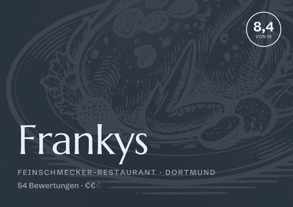 Illustriertes Poster von Frankys, Feinschmecker-Restaurant in Dortmund: Bewertung 8,4 von 10 aus 54 Bewertungen, Preisniveau €€
