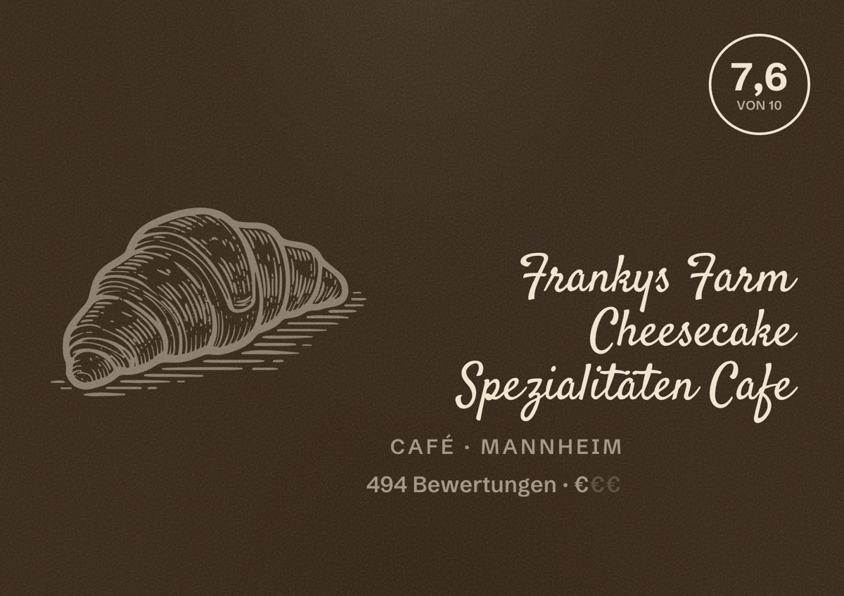 Illustriertes Poster von Frankys Farm Cheesecake Spezialitäten Cafe, Café in Mannheim: Bewertung 7,6 von 10 aus 494 Bewertungen, Preisniveau €