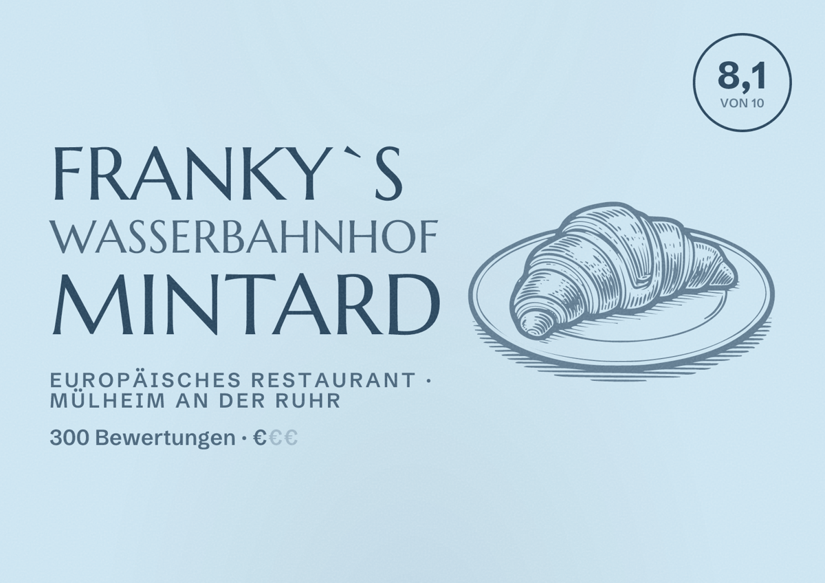 Illustriertes Poster von Franky`s Wasserbahnhof Mintard, Europäisches Restaurant in Mülheim an der Ruhr: Bewertung 8,1 von 10 aus 300 Bewertungen, Preisniveau €