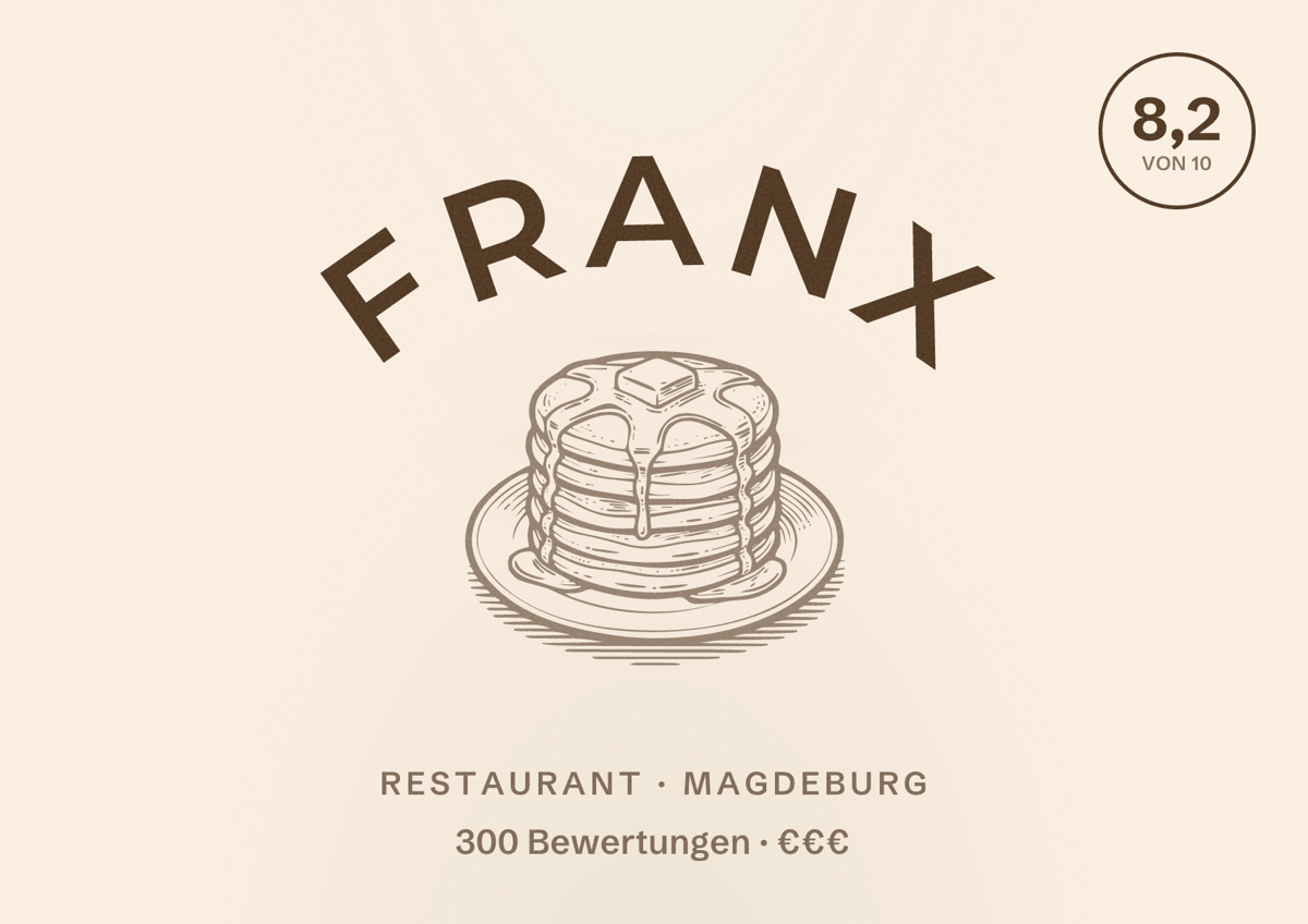 Illustriertes Poster von Franx, Restaurant in Magdeburg: Bewertung 8,2 von 10 aus 300 Bewertungen, Preisniveau €€€