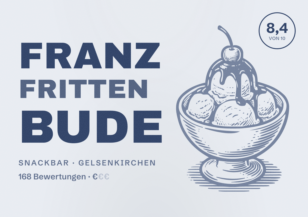Illustriertes Poster von Franz Fritten Bude, Snackbar in Gelsenkirchen: Bewertung 8,4 von 10 aus 168 Bewertungen, Preisniveau €