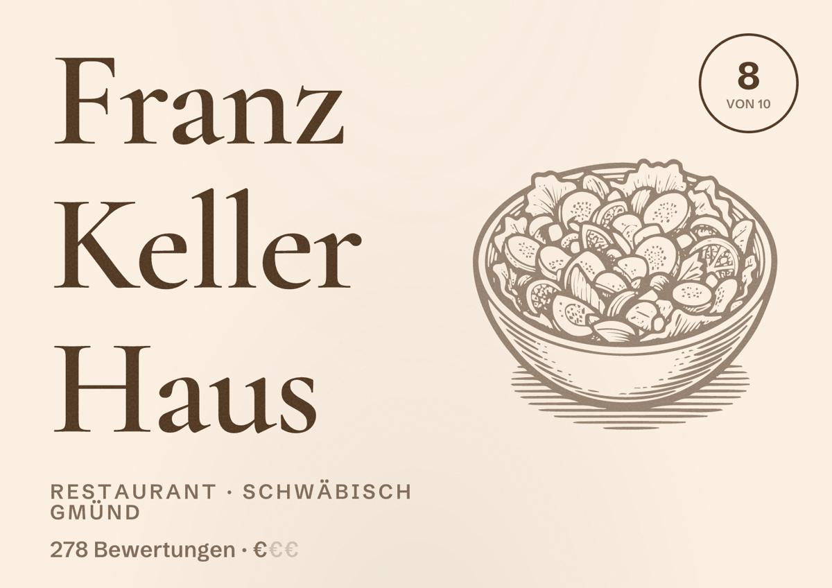 Illustriertes Poster von Franz Keller Haus, Restaurant in Schwäbisch Gmünd: Bewertung 8 von 10 aus 278 Bewertungen, Preisniveau €