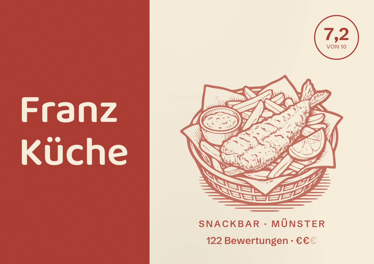 Illustriertes Poster von Franz Küche, Snackbar in Münster: Bewertung 7,2 von 10 aus 122 Bewertungen, Preisniveau €€