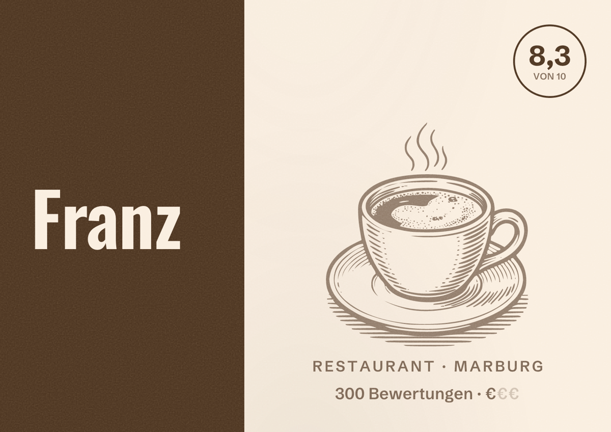 Illustriertes Poster von Franz, Restaurant in Marburg: Bewertung 8,3 von 10 aus 300 Bewertungen, Preisniveau €