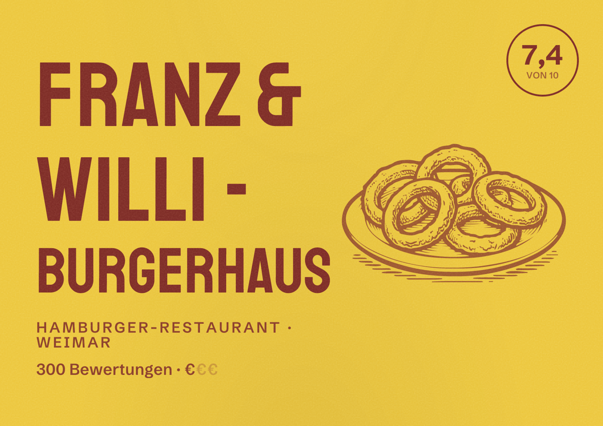Illustriertes Poster von Franz & Willi - Burgerhaus, Hamburger-Restaurant in Weimar: Bewertung 7,4 von 10 aus 300 Bewertungen, Preisniveau €