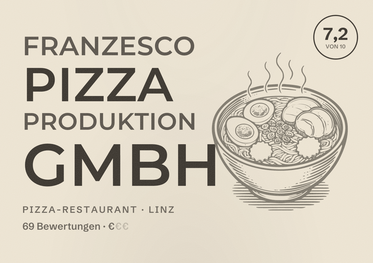 Illustriertes Poster von Franzesco Pizza Produktion GmbH, Pizza-Restaurant in Linz: Bewertung 7,2 von 10 aus 69 Bewertungen, Preisniveau €