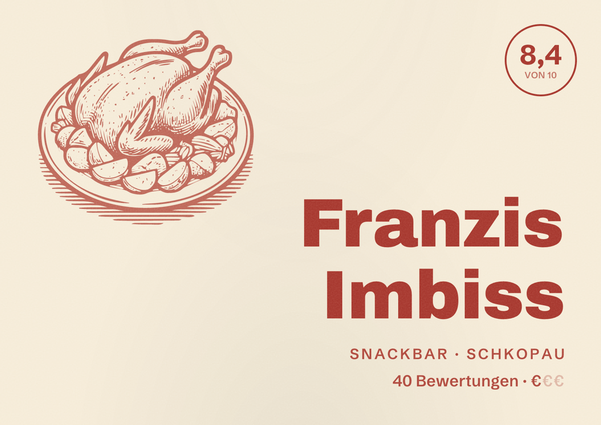 Illustriertes Poster von Franzis Imbiss, Snackbar in Schkopau: Bewertung 8,4 von 10 aus 40 Bewertungen, Preisniveau €