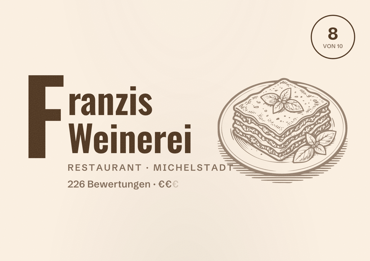 Illustriertes Poster von Franzis Weinerei, Restaurant in Michelstadt: Bewertung 8 von 10 aus 226 Bewertungen, Preisniveau €€