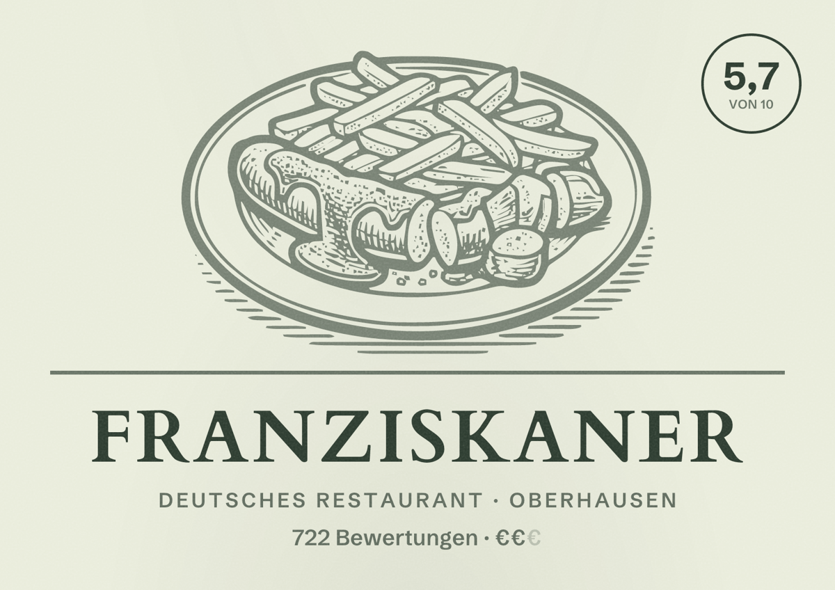 Illustriertes Poster von Franziskaner, Deutsches Restaurant in Oberhausen: Bewertung 5,7 von 10 aus 722 Bewertungen, Preisniveau €€