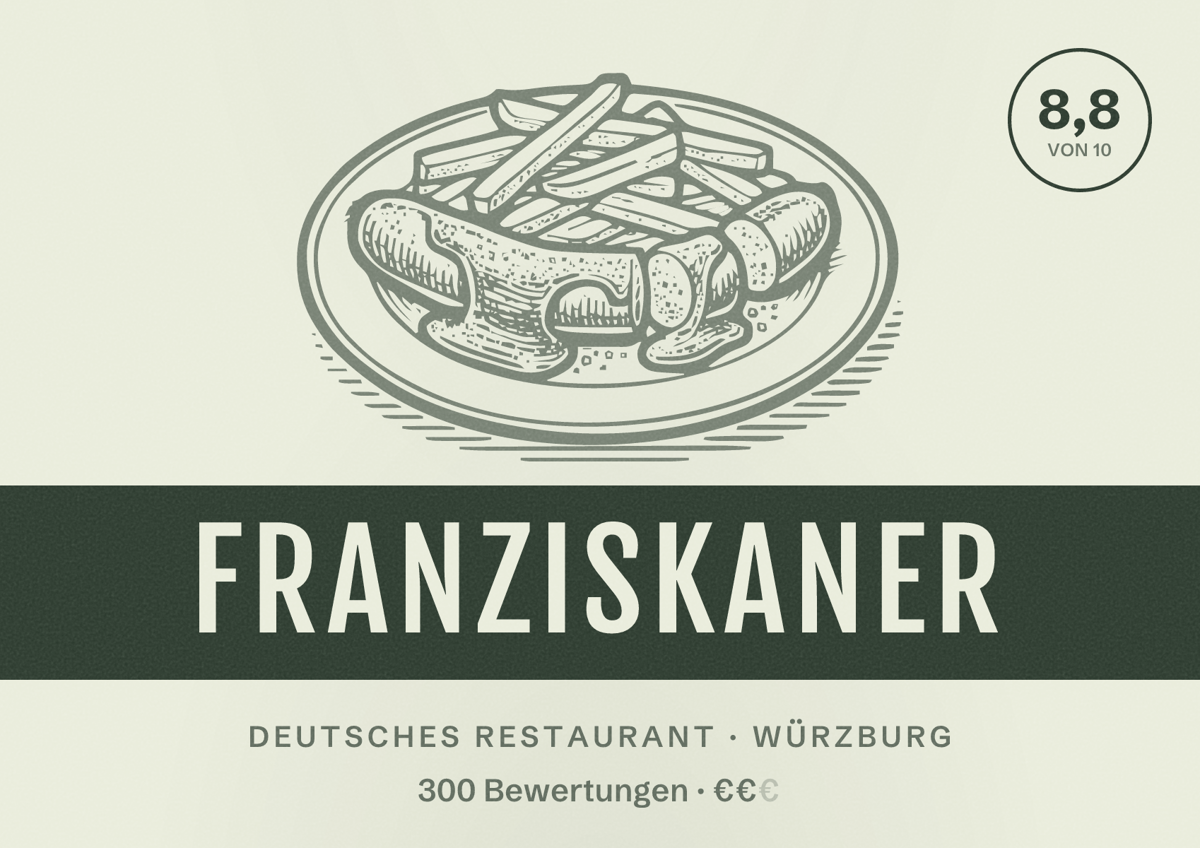 Illustriertes Poster von Franziskaner, Deutsches Restaurant in Würzburg: Bewertung 8,8 von 10 aus 300 Bewertungen, Preisniveau €€