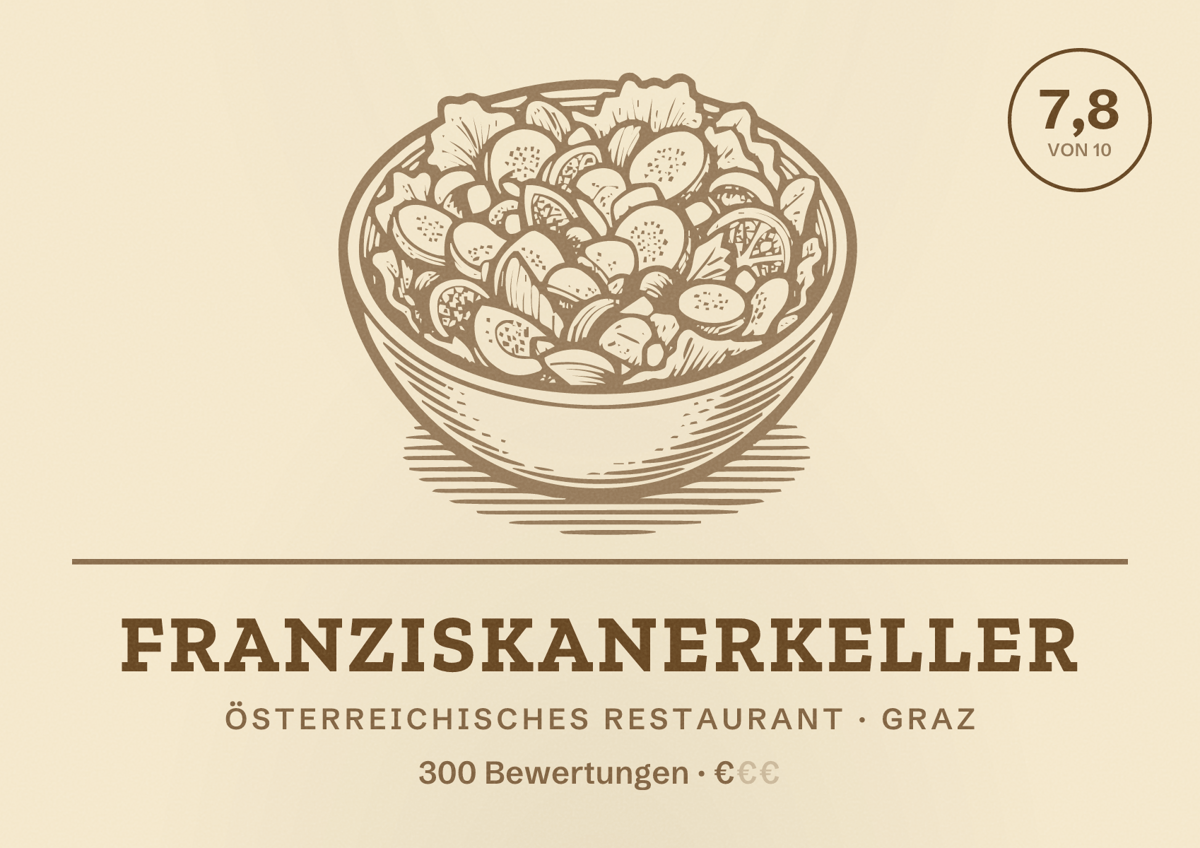 Illustriertes Poster von Franziskanerkeller, Österreichisches Restaurant in Graz: Bewertung 7,8 von 10 aus 300 Bewertungen, Preisniveau €