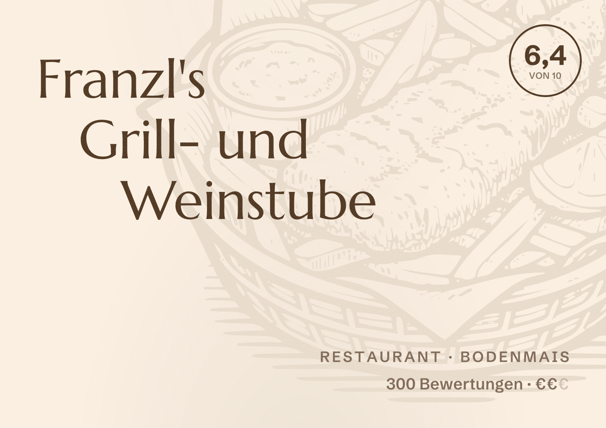 Illustriertes Poster von Franzl's Grill- und Weinstube, Restaurant in Bodenmais: Bewertung 6,4 von 10 aus 300 Bewertungen, Preisniveau €€