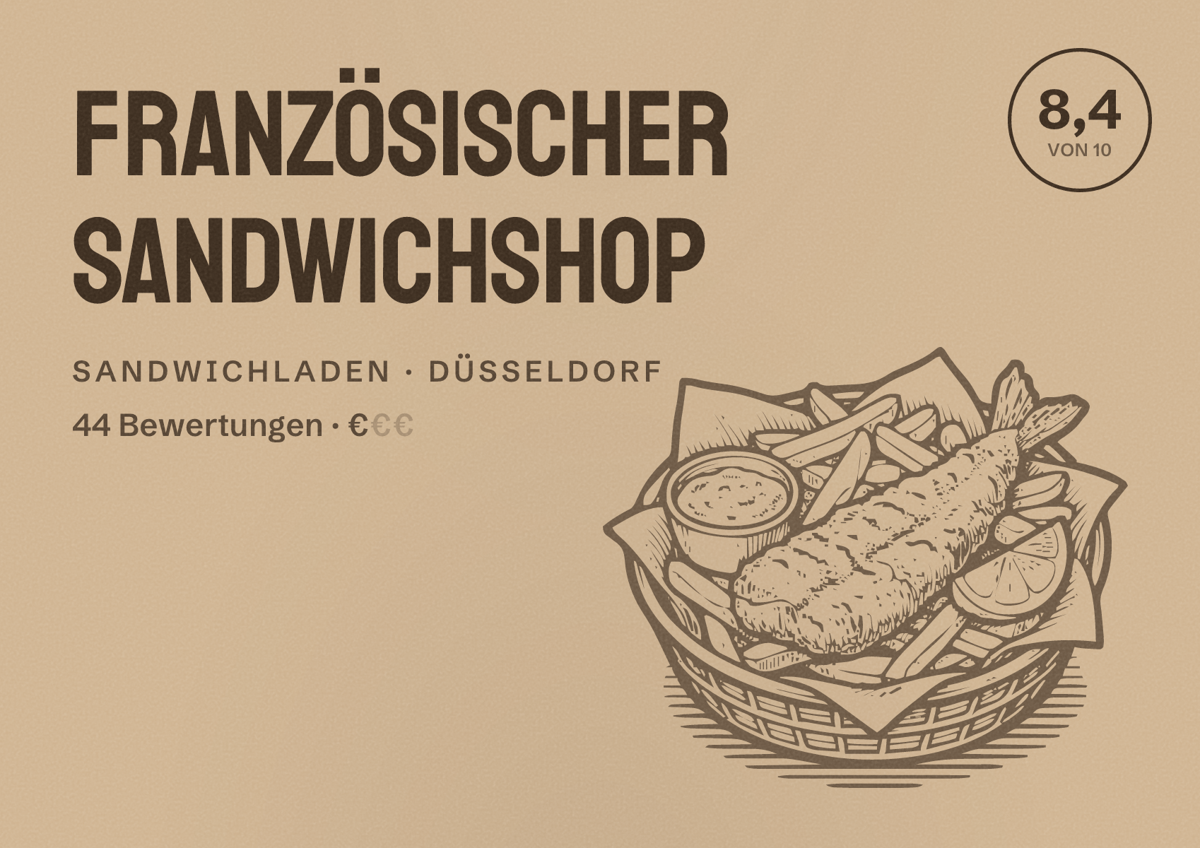 Illustriertes Poster von Französischer Sandwichshop, Sandwichladen in Düsseldorf: Bewertung 8,4 von 10 aus 44 Bewertungen, Preisniveau €