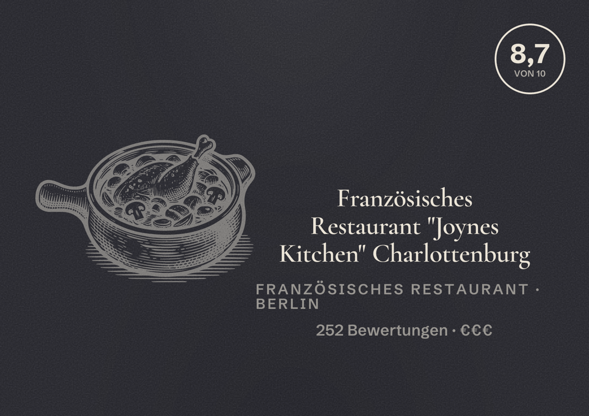 Illustriertes Poster von Französisches Restaurant "Joynes Kitchen" Charlottenburg, Französisches Restaurant in Berlin: Bewertung 8,7 von 10 aus 252 Bewertungen, Preisniveau €€€