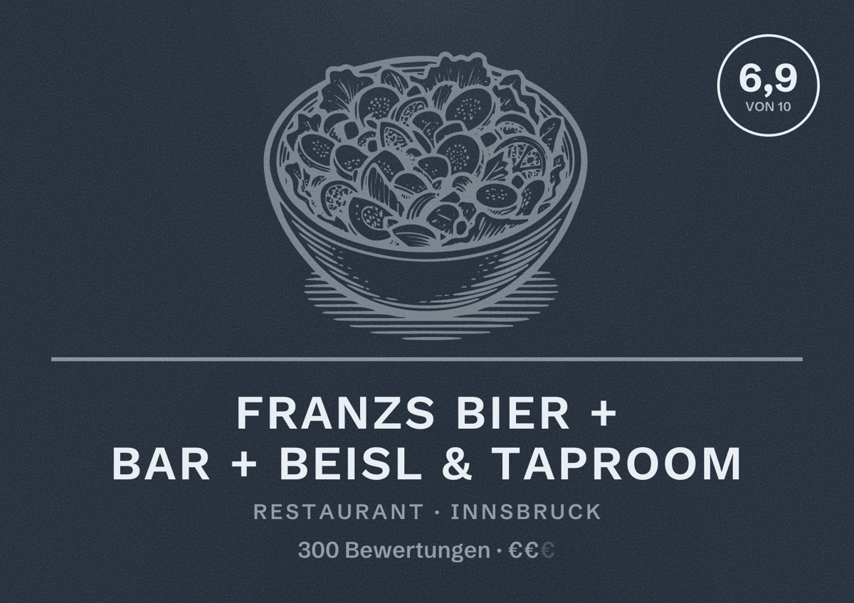 Illustriertes Poster von FRANZS Bier + Bar + Beisl & Taproom, Restaurant in Innsbruck: Bewertung 6,9 von 10 aus 300 Bewertungen, Preisniveau €€