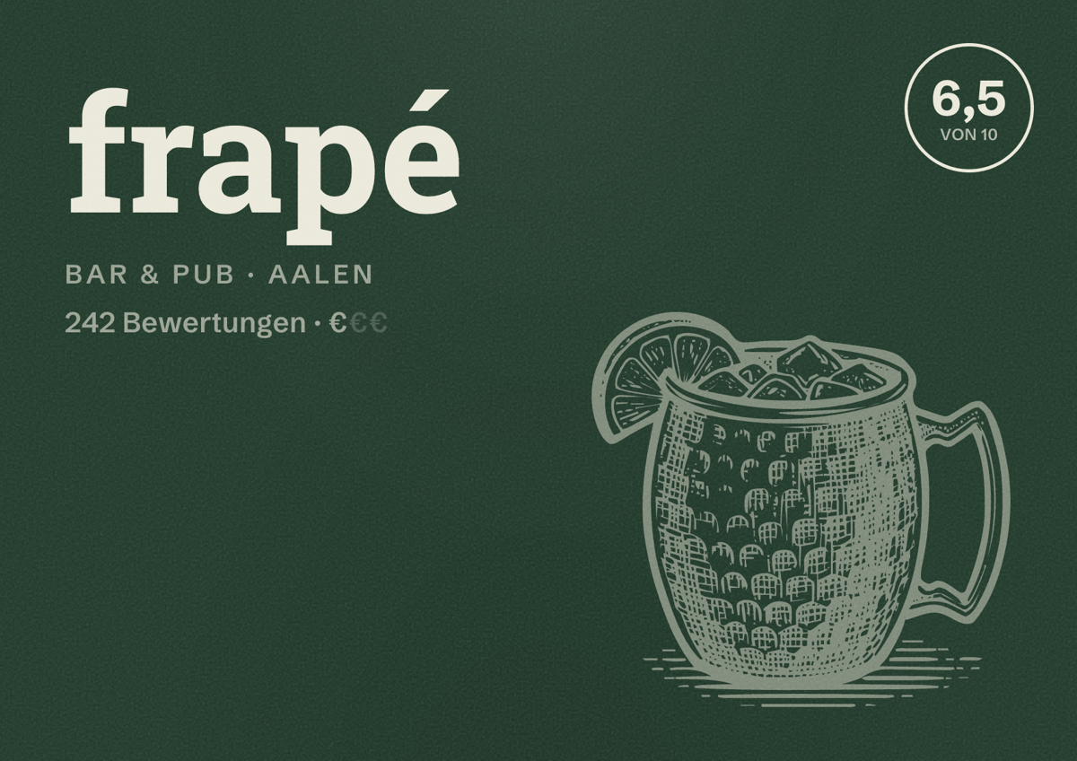 Illustriertes Poster von frapé, Bar & Pub in Aalen: Bewertung 6,5 von 10 aus 242 Bewertungen, Preisniveau €